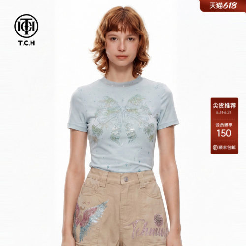 TCH温柔风蓝色修身显瘦短袖T恤女
