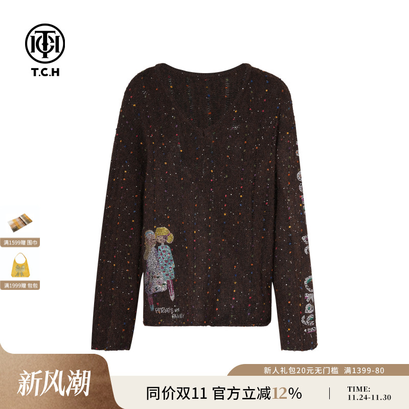 TCH私服烫钻25秋冬新款时尚慵懒风宽松V领毛针织衫女T75C09E5122