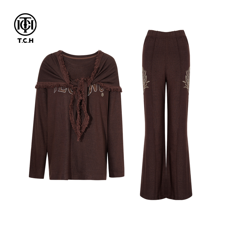 TCH私服烫钻2025秋季新款时尚气质针织衫微喇裤套装女T75C07E1041