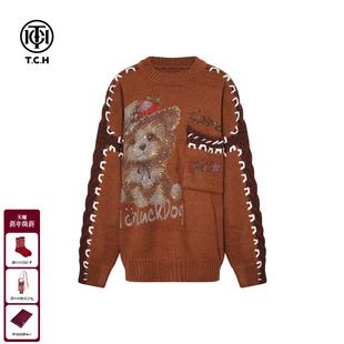 TCH咖色复古慵懒圆领毛衣女2025秋冬新款 潮T75D09E1158 宽松针织衫