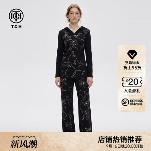 蝴蝶结烫钻连帽长袖T恤休闲裤