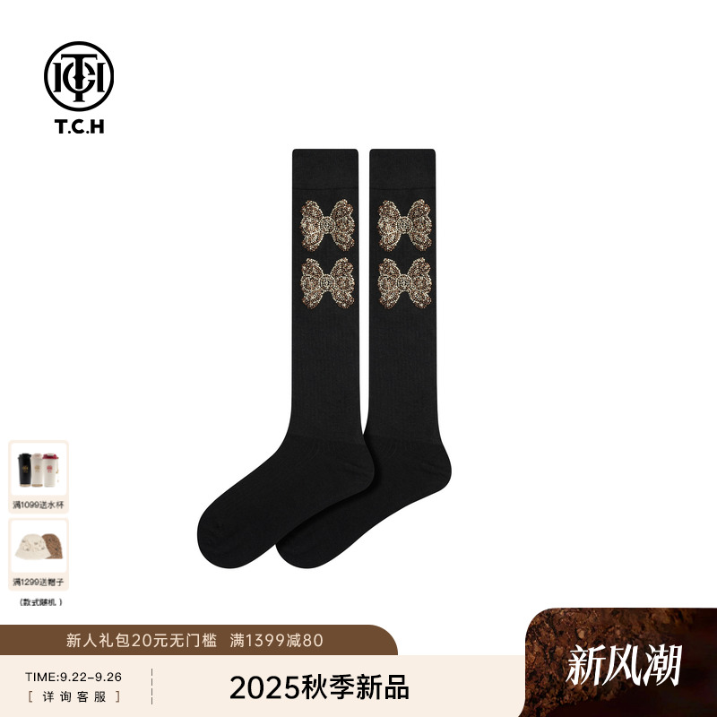 TCH轻奢蝴蝶结烫钻中高筒袜子女时尚百搭黑色小腿袜子T75C55E1006