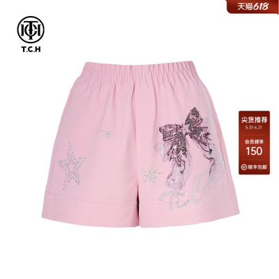 TCH烫钻高腰显瘦百搭宽松时尚气质休闲短裤女夏季T75B21E5146