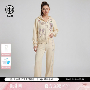 TCH烫钻蝴蝶结休闲百搭连帽外套女直筒长裤 女T78A07E1185 黄色套装