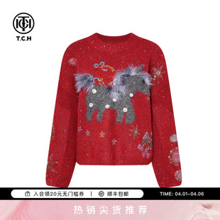 TCH烫钻红色小马休闲宽松圆领毛衣针织衫 T75D09E1238 女2025新款