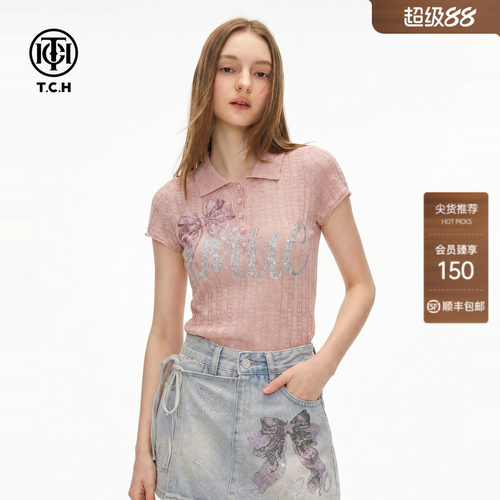 蝴蝶结烫钻polo领针织短袖女