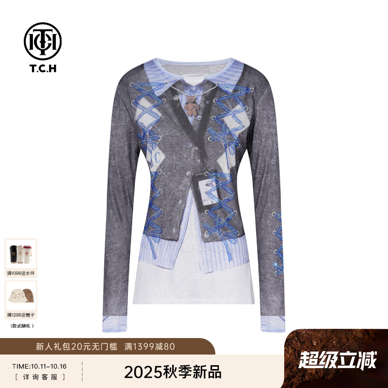 TCH私服烫钻时尚设计感显瘦假两件拼色打底衫上衣女T75C02E1000