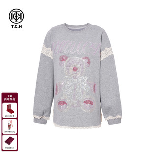TCH2025冬新款 烫钻加绒灰色圆领蕾丝边卫衣女T75D11E1013 百搭时尚