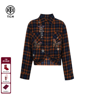 蓝格衬衫 长袖 上衣外套女T75C13E1038 复古短款 TCH轻奢烫钻早秋时尚