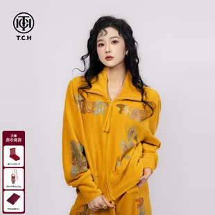 女T75D07E5002 套装 TCH私服卡通烫钻时尚 减龄气质黄色外套休闲裤