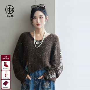 TCH枯树咖韵彩色点缀绵羊毛宽松V领针织衫 女2025秋冬T75C09E5122