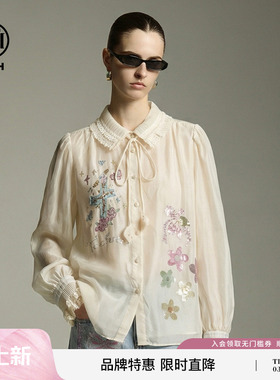 TCH蕾丝翻领烫钻花卉气质百搭轻薄宫廷风衬衫上衣女T78A13E1052