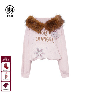 T75D12E1015 新款 TCH时尚 潮牌小熊烫钻加厚毛领连帽卫衣女2025冬季