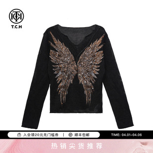 TCH潮牌重工烫钻翅膀V领针织衫 上衣T78A09E1168 女高级感显瘦长袖