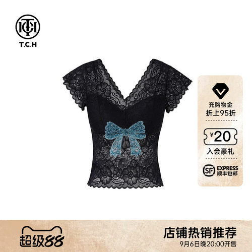 TCH早秋新款蕾丝烫钻蝴蝶结时尚休闲背心T78A03E5002
