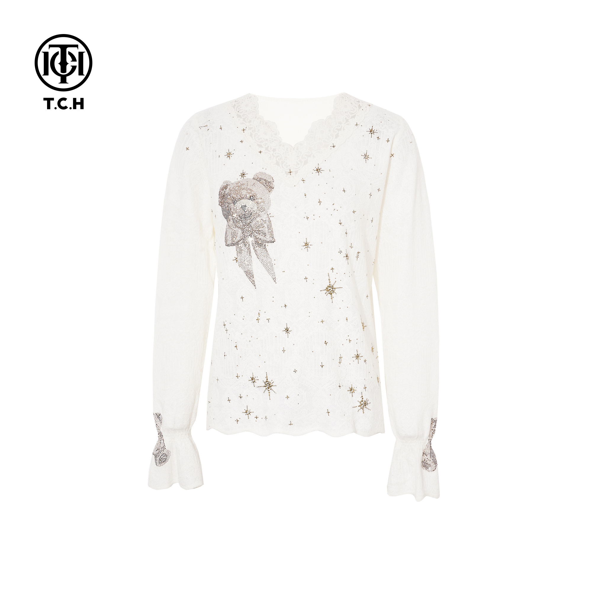 TCH私服25秋冬新款慵懒风烫钻时尚气质蕾丝边针织衫女T75D09E1052