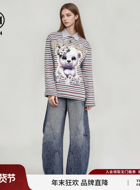 【刘端端同款】TCH银河流星烫钻加绒弯刀阔腿牛仔裤潮T75D20E1137