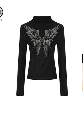 TCH翅膀烫钻时尚修身显瘦半高领灰色打底衫上衣女T75C02E1006