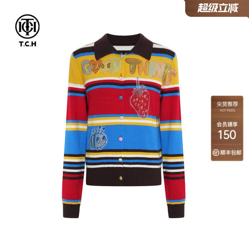 TCH烫钻复古时尚彩色条纹撞色针织开衫女秋冬新款T75C43E5065
