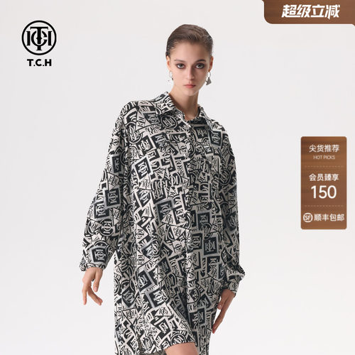 TCH轻奢春夏新款休闲时尚百搭满印logo衬衫T72A136020