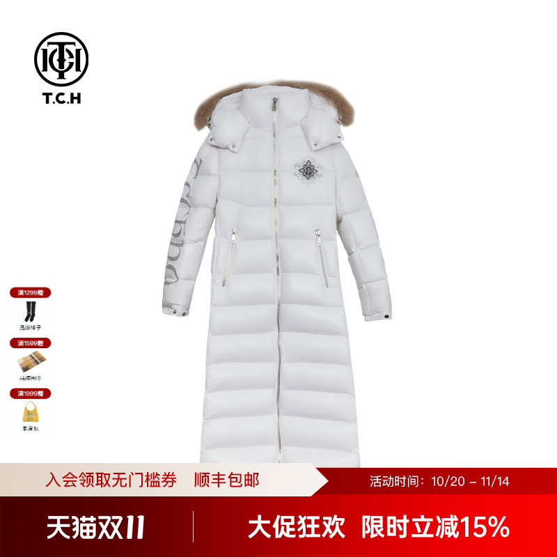 TCH 烫钻字母时尚简约大毛领过膝长款加厚白鸭绒羽绒服24秋冬新款