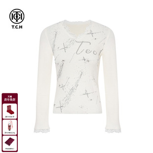 T75D09E1126 烫钻绵羊毛蕾丝边打底针织衫 TCH2025秋冬新款 百搭时尚