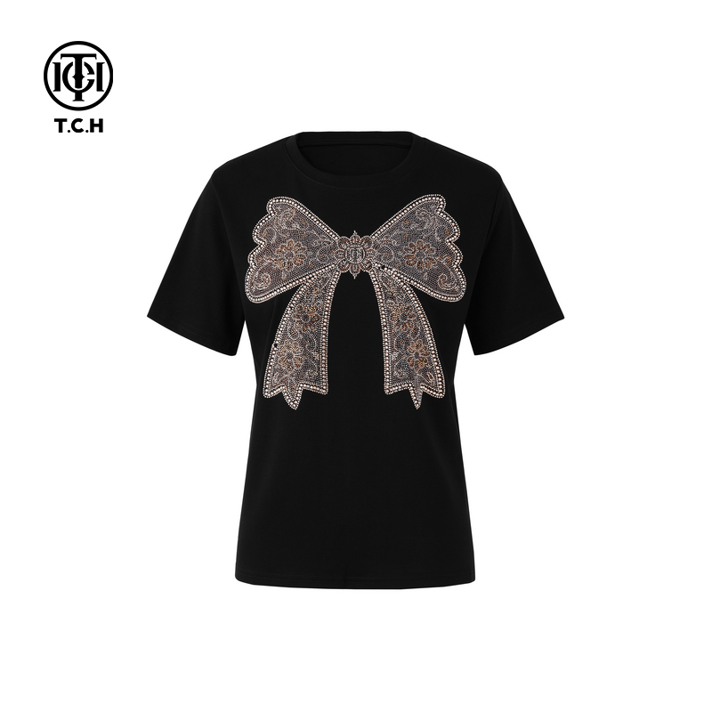 TCH私服烫钻蝴蝶结黑色短袖T恤女2025春夏新款T75A10E5015