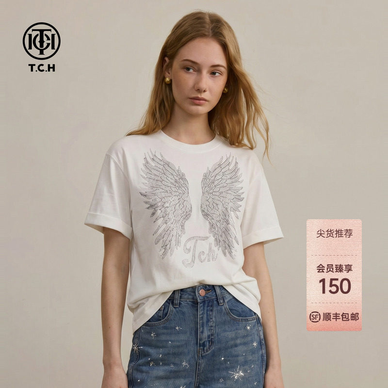 TCH休闲宽松卷边袖烫钻翅膀短袖T恤女2026年夏季新款圆领小众上衣图片