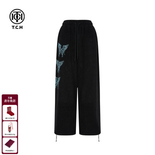 T75D20E1043 加绒黑色直筒休闲裤 TCH私服25秋冬新款 慵懒风烫钻时尚