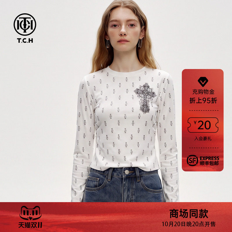 TCH辣妹风设计感长袖T恤女2026秋季烫钻满印收腰修身显瘦短上衣