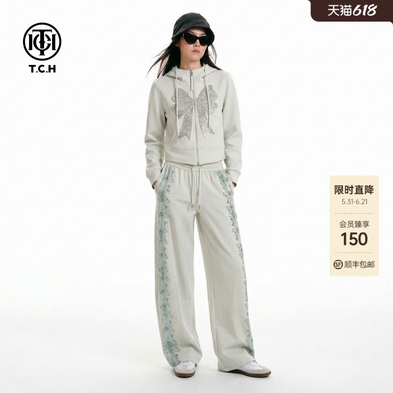 TCH甜酷风减龄烫钻蝴蝶结连帽卫衣外套阔腿裤套装女T78A07E1158