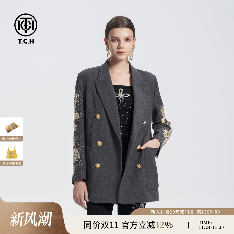 TCH烫钻精纺绵羊毛复古双排金扣宽肩廓形西装外套潮2024秋冬新款