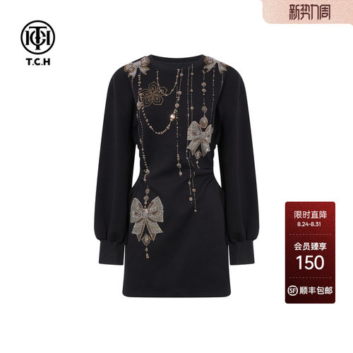 TCH暗黑系烫钻蝴蝶结宫廷风泡泡袖收腰长袖连衣裙女T75D30E1041