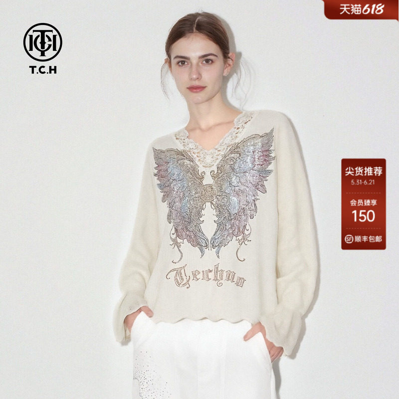 TCH温柔风烫钻提花蕾丝边V领针织衫女2025冬季新款T75D09E1289