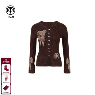 TCH私服潮牌轻奢蝴蝶结小熊烫钻工艺针织开衫 上衣T75A09E5002