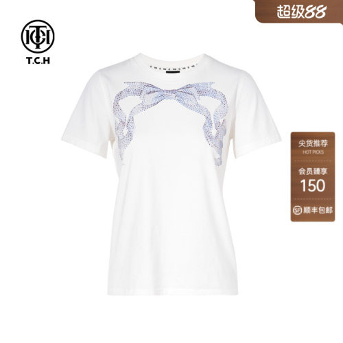 TCH烫钻日常通勤百搭时尚休闲圆领百搭短袖T恤女T75C10E9009