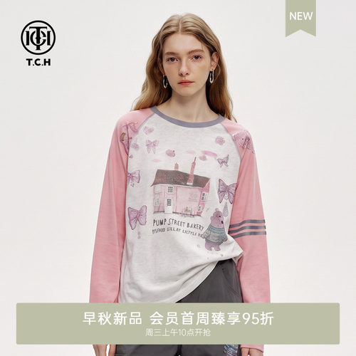童趣少女风撞色插肩袖T恤女
