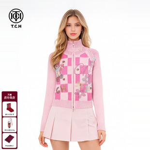 T75D43E1059 女秋冬款 TCH少女粉学院风格 子小熊烫钻双拉链针织开衫