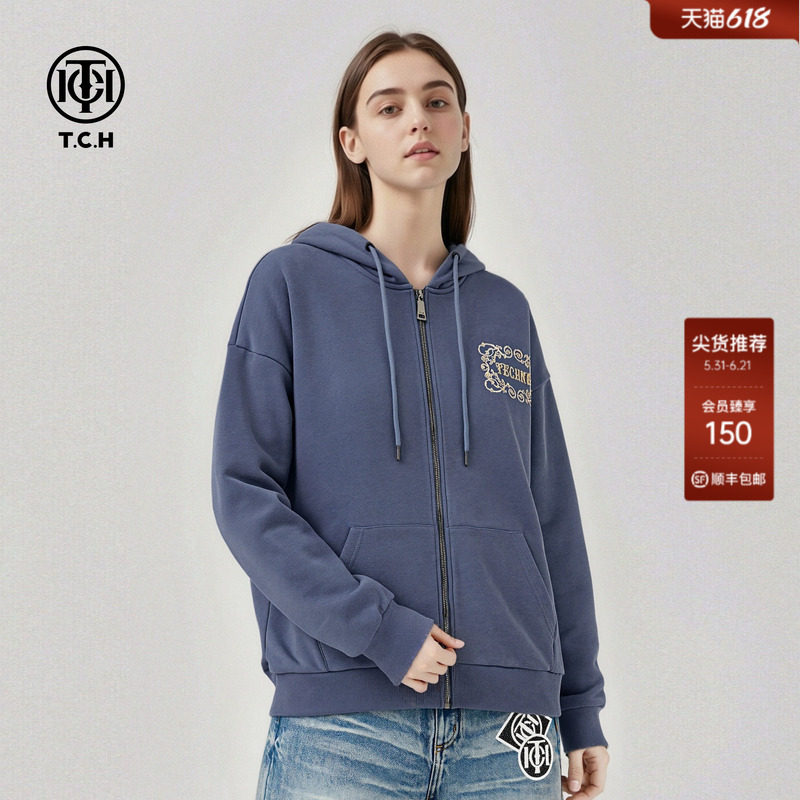 TCH美式烫钻图腾字母时尚连帽拉链卫衣外套男女同款春T78A176062