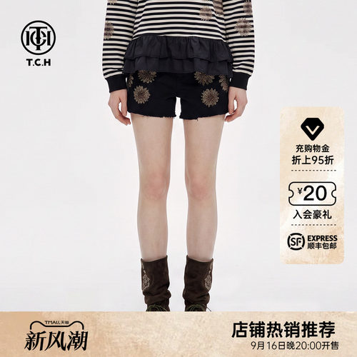 复古烫钻毛边黑色牛仔短裤女