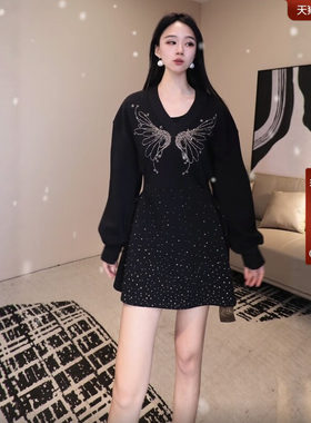TCH高级感满天星烫钻小黑裙收腰显瘦连衣裙女秋冬新款T75D30E1032