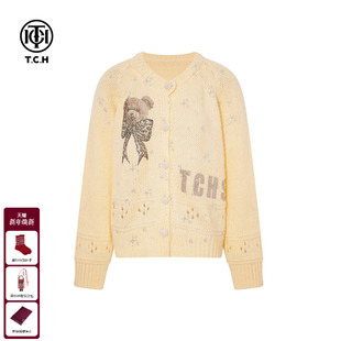 TCH时尚 上衣女T75D43E1085 烫钻25秋冬绵羊毛黄色洋气减龄针织开衫