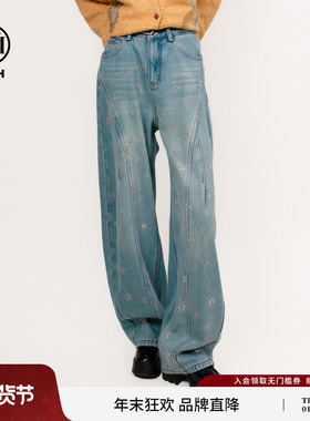 TCH雪花流星烫钻弯刀加绒阔腿显瘦牛仔裤女2025秋冬款T75D20E1062