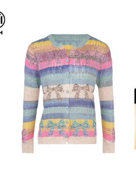 TCH烫钻蝴蝶结彩色条纹时尚休闲针织开衫女长袖T75A43E5007