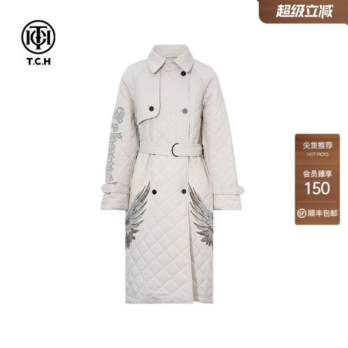 TCH烫钻时尚中长款收腰保暖棉服外套女2026春夏新款T75C18E9001