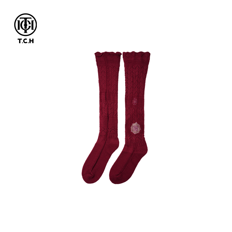 TCH轻奢烫钻红色针织镂空堆堆小腿袜女甜美复古小腿袜T75C55E1009