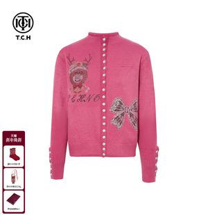 上衣女T75D43E5026 洋气半高领针织开衫 TCH25秋冬时尚 烫钻玫红时装