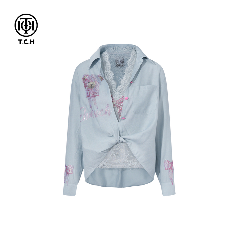 TCH私服烫钻时尚潮流蕾丝内搭衬衫外套女2025夏季新款T75A07E5033