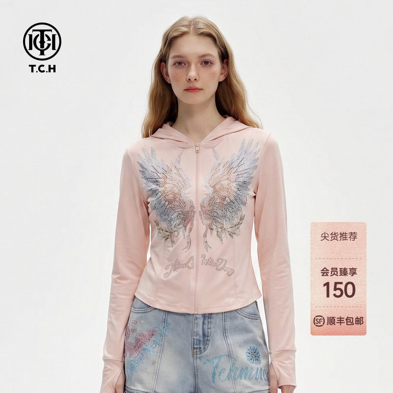 TCH粉色修身连帽翅膀烫钻外套图片