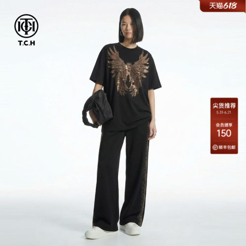 TCH2026夏款潮牌翅膀黑金烫钻短袖T恤阔腿裤休闲套装T78A07E1168